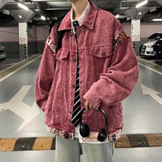 美式复古甜酷脏粉色水洗拼接牛仔外套男女古着情侣棒球服J2054，男装夹克，星座1116A-1（原606A）