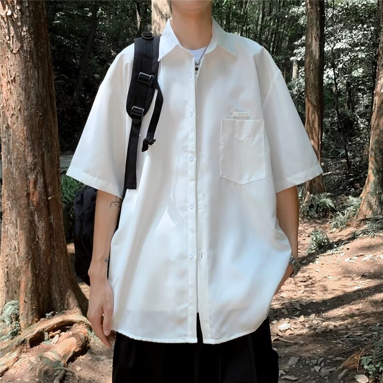 日系夏季纯色短袖衬衫男女宽松oversize五分工装休闲衬衣P34,男装衬衫,星座1116-2