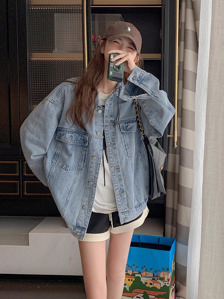 小个子美式复古夹克蓝色翻领宽松牛仔外套女秋季,女装短外套,Mushroom