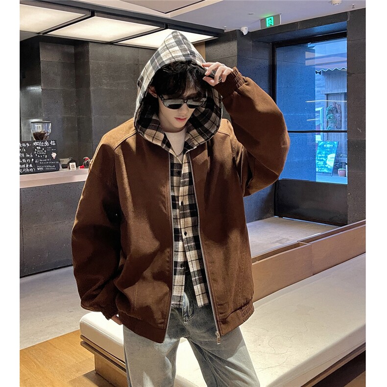 P108W367美式假两件格子连帽夹克男女通用情侣宽松时尚外套图片