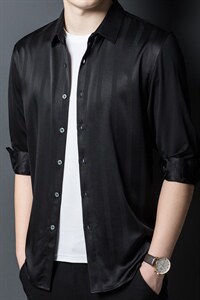 长袖衬衫男高级感寸衣爸爸装商务休闲宽松丝绸衣服图片