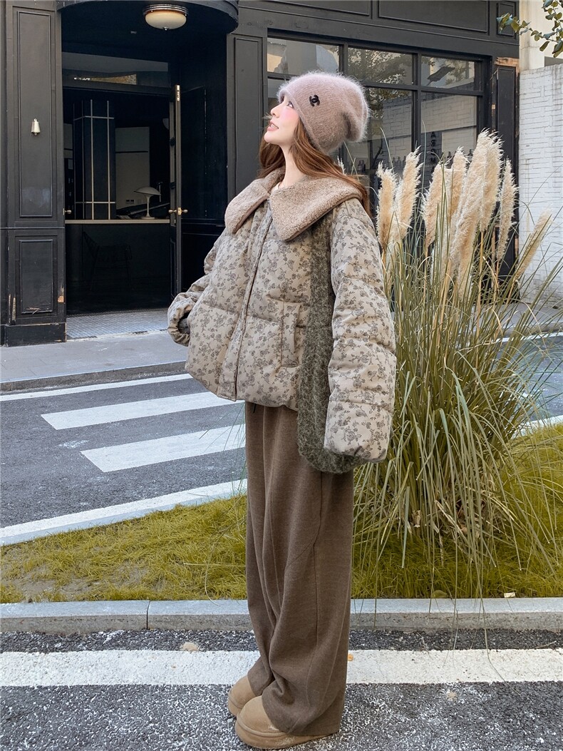 撞色碎花羊羔毛娃娃领短款羽绒服外套女冬2025新款小众设计白鸭绒,女装羽绒服,艾米莉亚