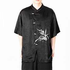情侣高级感缎面花纹冰感兰花刺绣衬衫短袖玉竹扣T2521-P65，男装衬衫，电商A021