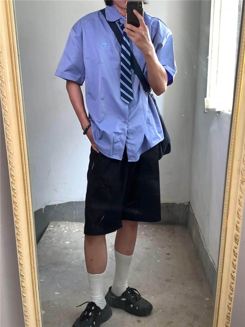 CS22-P45夏季新款简约学院风短袖衬衫潮流宽松休闲百搭衬衣,男装T恤,电商B327