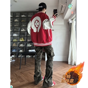 2025秋冬新款十字架刺绣贴皮加厚夹棉棒球服潮图片