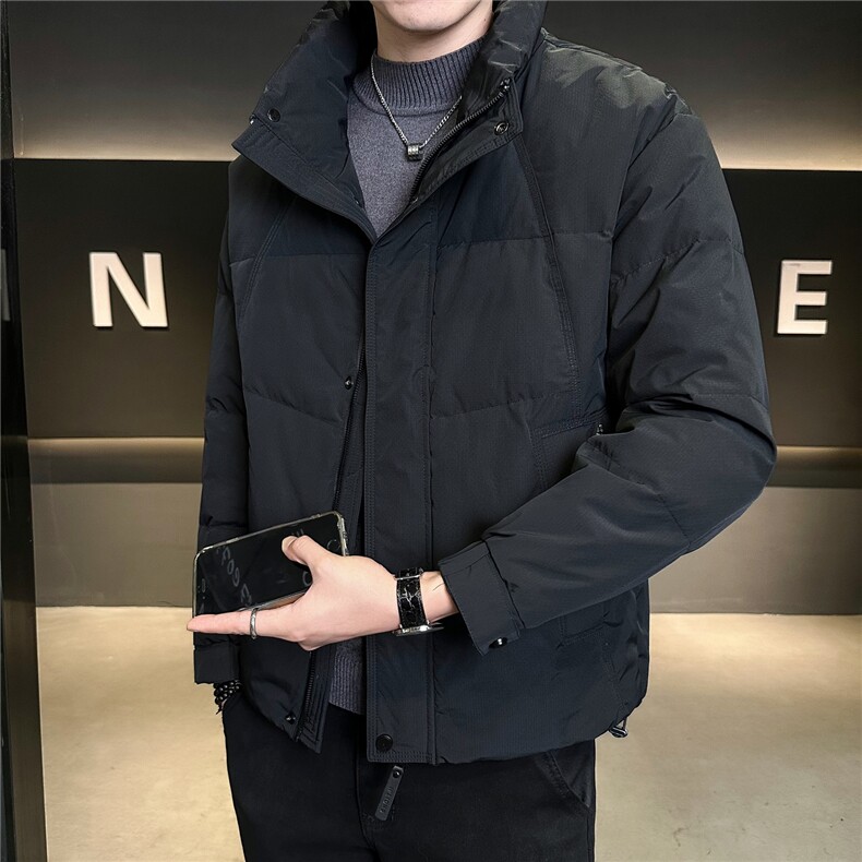 6808-M-3XL-P195标50绒店主风冬简约立领纯色拼皮休闲羽绒服男图片