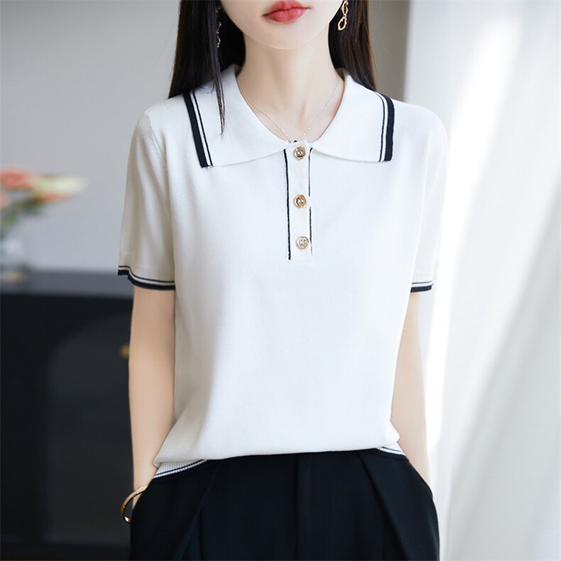 polo领拼色短袖2025夏季新款减龄t恤女士洋气别致上衣服，女装T恤，广悦羊绒