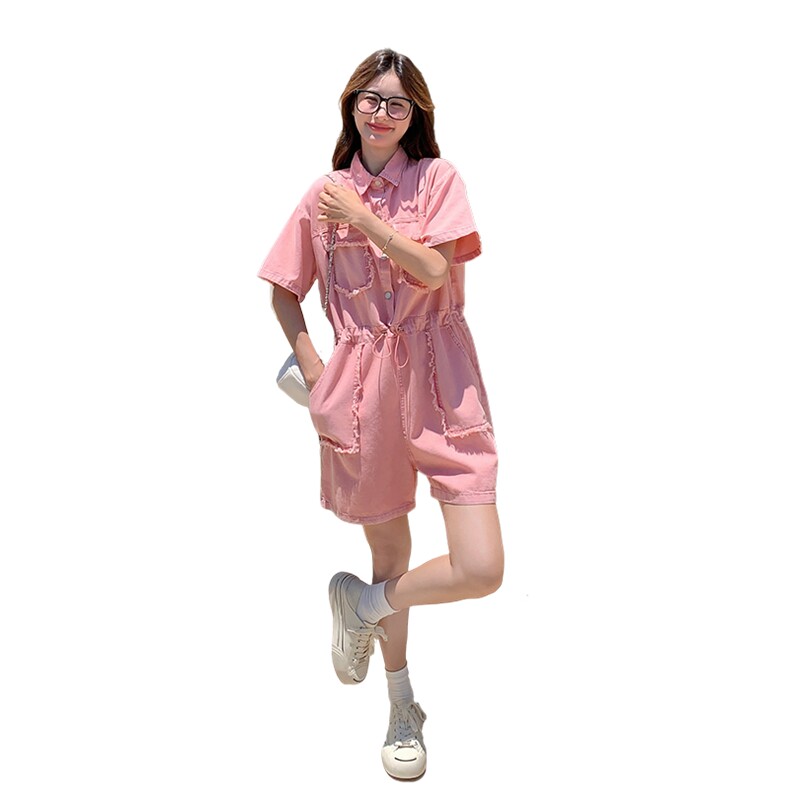 洋气减龄粉色连体裤女夏季2025新款小个子甜美显瘦收腰阔腿牛仔裤,女装连体裤,2C115