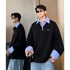 美式复古假两件拼接衬衫领POLO衫设计长袖T恤卫衣W100-P58，男装Polo衫，电商C307