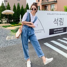 现货新品时尚韩版牛仔背带裤长裤两件套套装，女装连体裤，菡迪欧娜