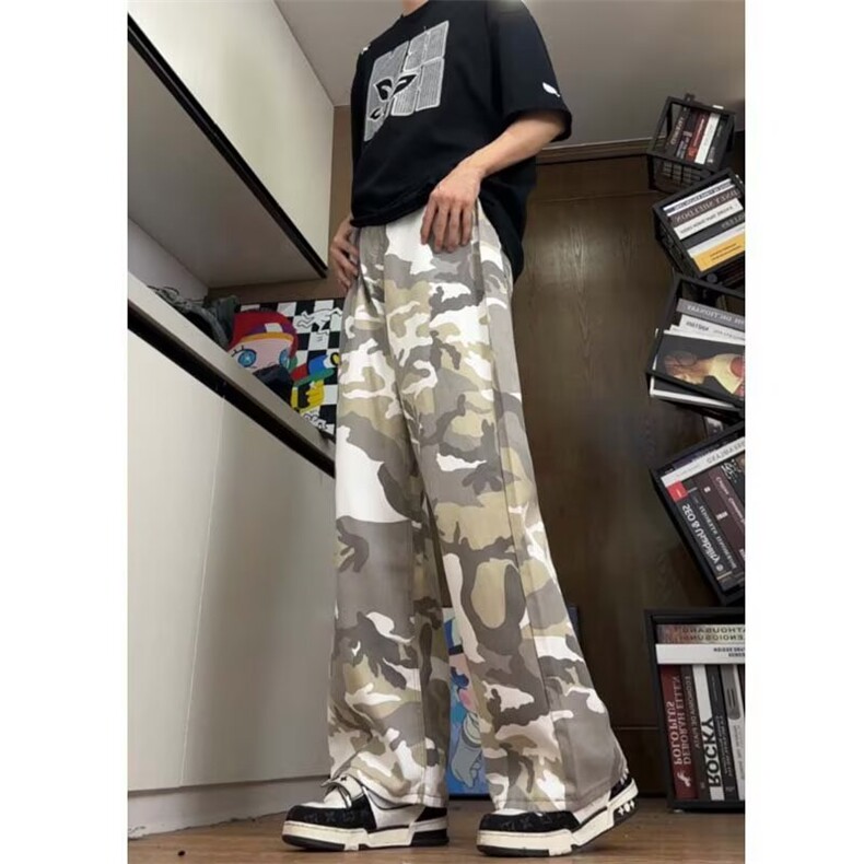 卡其色高腰迷彩工装牛仔男女2025夏秋季新款美式阔腿休闲裤子,男装牛仔裤,四季星座505