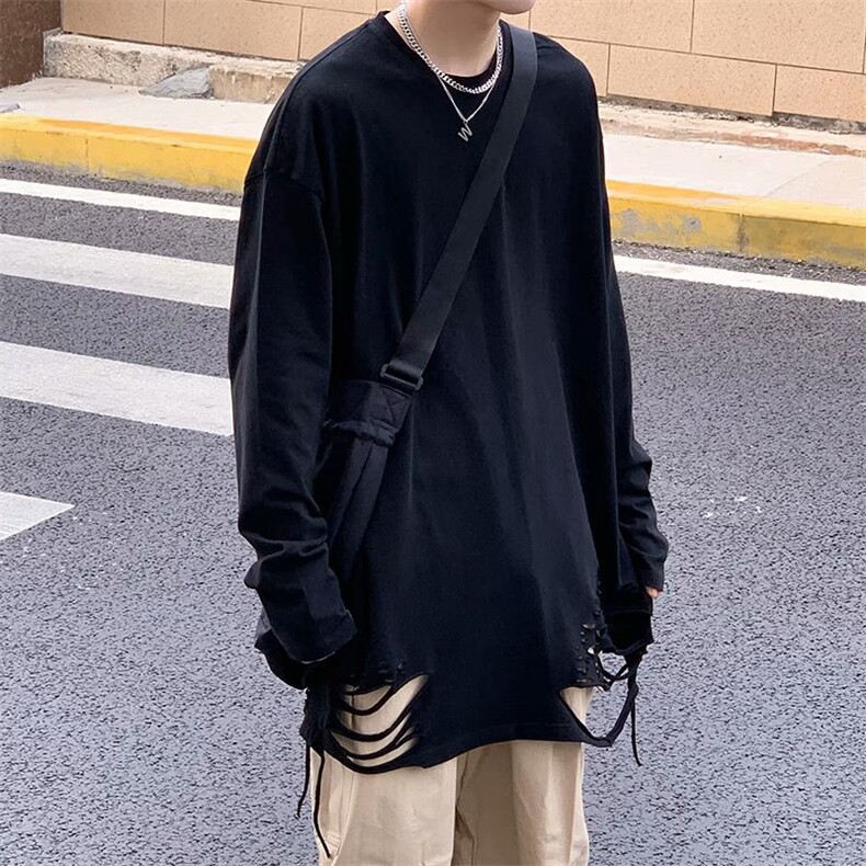 不规则设计上衣男长袖破洞打底衫内搭下摆oversizeT恤高街暗黑系,男装T恤,星座1210-1