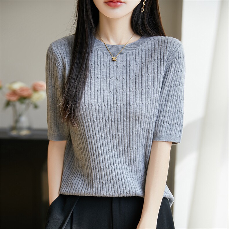 精纺桑蚕丝羊毛短袖T恤女圆领半袖针织春夏新款简约百搭打底上衣,女装T恤,暖烁羊绒