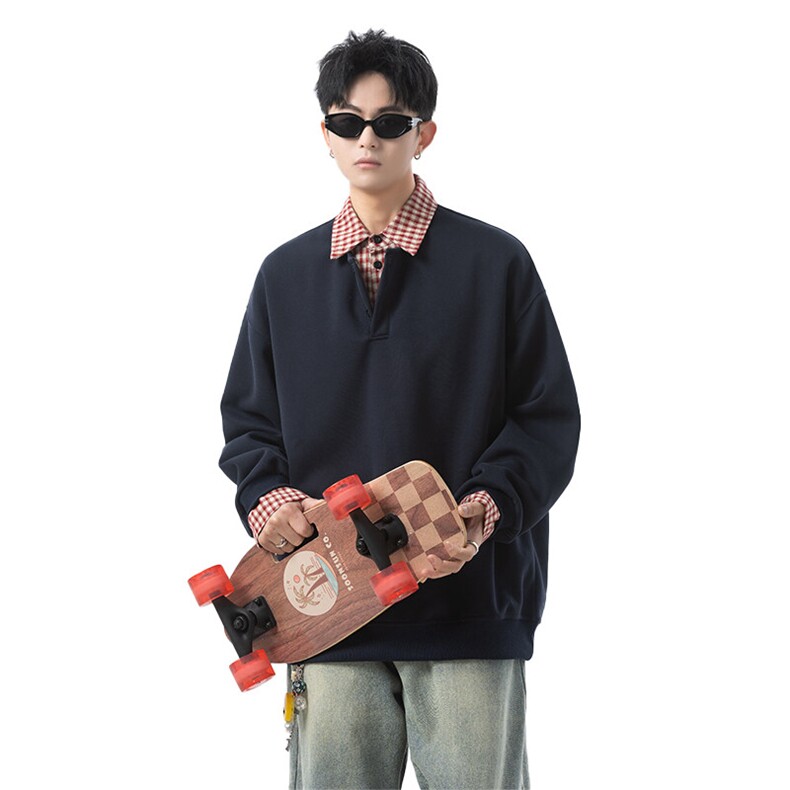 GENIOLAMODE美式潮流polo领卫衣男2025春秋拼接宽松长袖情侣上衣,男装卫衣,电商B371