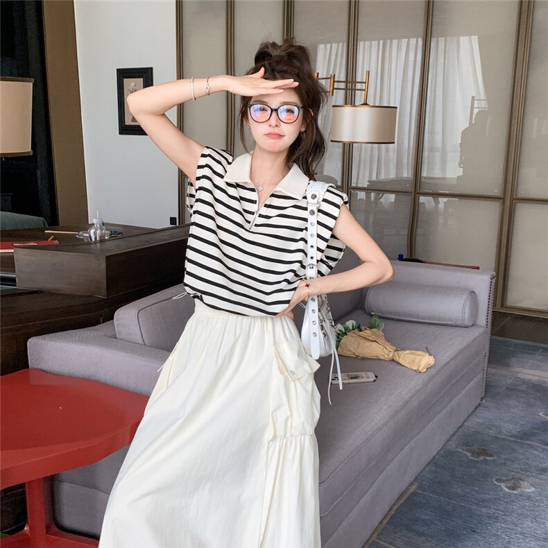 韩版POLO领条纹T恤半身裙两件套休闲百搭套装裙女夏,女装套装/套裙,2C166