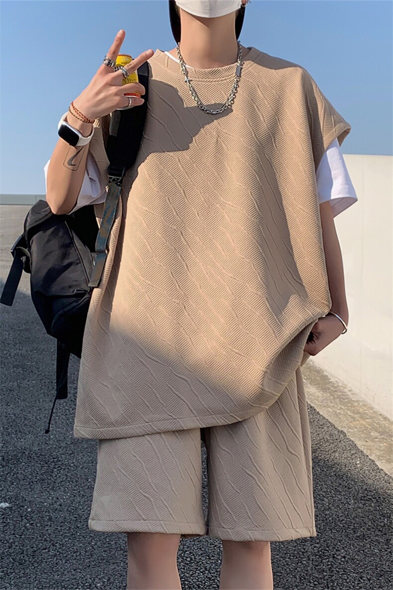 TZ84041/P55夏季提花无袖背心短裤t恤休闲宽松大码两件套套装男,男装休闲套装,电商A141