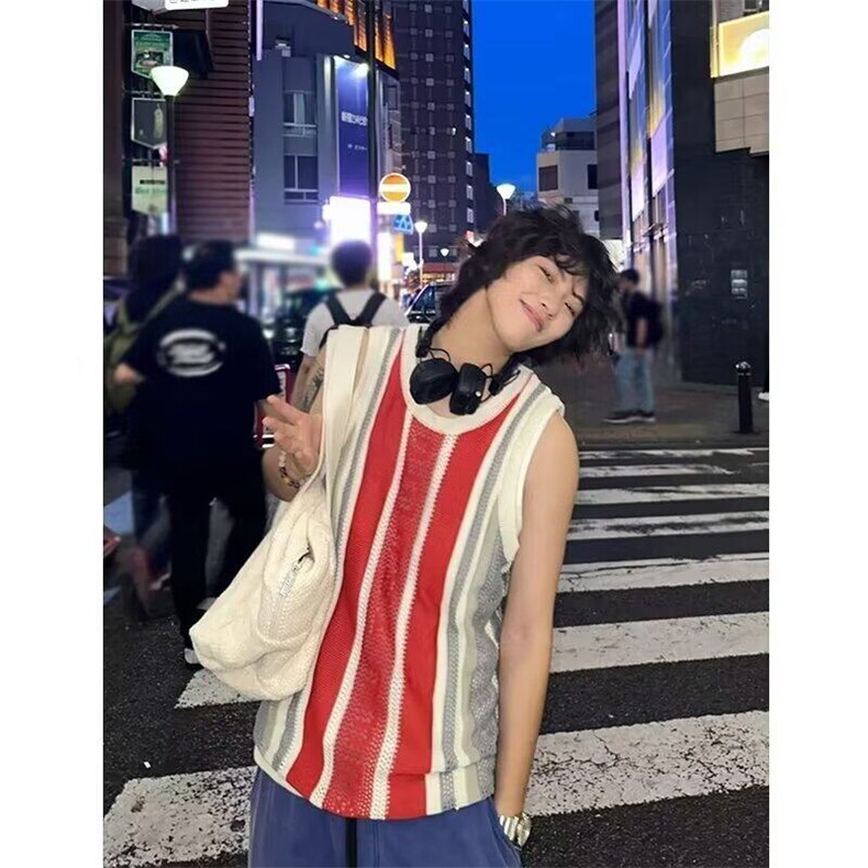 潮牌美式拼色条纹针织坎肩背心男撞色无袖,男装T恤,星座716-2
