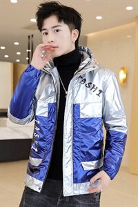 冬季亮上拼羽棉服男模特加厚夹克保暖外套工装棉衣蓝871加绒图片