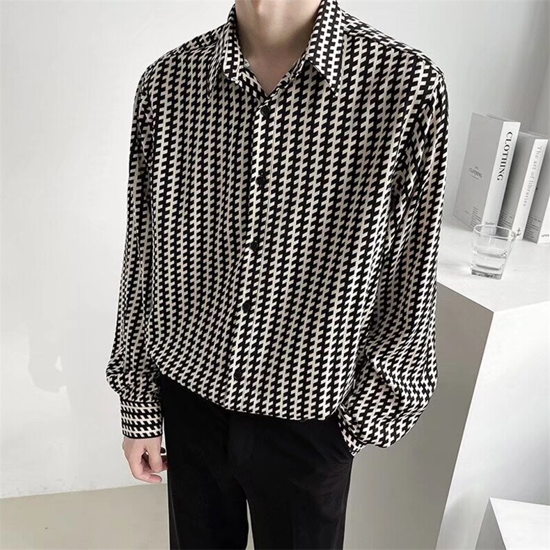 C167-P28春季新款长袖衬衫男潮牌痞帅千鸟格上衣,男装衬衫,电商B323A