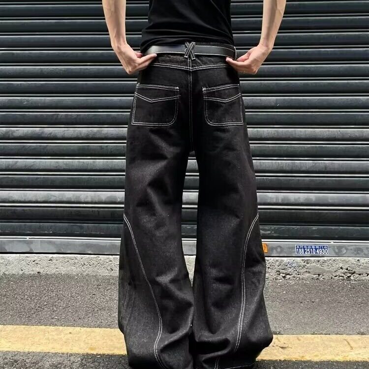 8588-P442025微喇分割牛仔裤男秋冬款水洗做旧美式高街黑色,男装牛仔裤,电商B323A