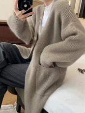 开衫女中长款V领秋冬慵懒软糯休闲宽松保暖针织衫，女装羊毛衫，恩泰羊绒