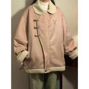 1翻领麂皮绒羊羔毛金属飞机扣大码M-5XL棉衣男YG77108P135控178图片