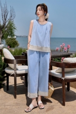 法式休闲撞色拼接小衫套装夏季女2024新款慵懒风宽松阔腿裤两件套，女装连衣裙，1C078