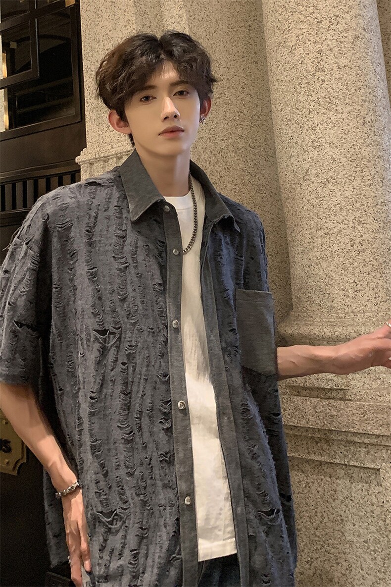 潮流复古文艺宽松上衣日系休闲破洞设计短袖衬衫HY527TP38控59,男装T恤,电商A102B