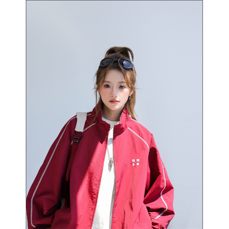 HY0831-P72明线立领拉链夹克女2025秋季新款宽松bf美式学院风外套图片