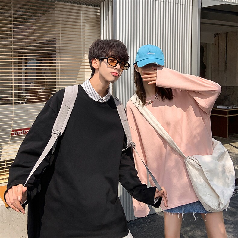 DS837TP17库存足纯色长袖t恤情侣宽松圆领男女T恤情侣打底衫,男装T恤,电商A102