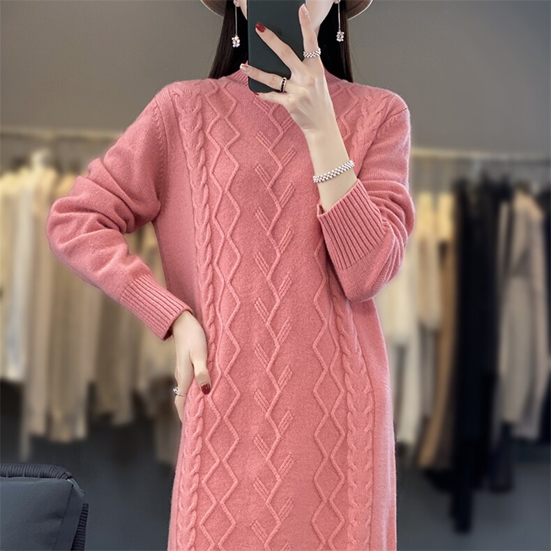 时尚显瘦半高领毛衣裙女秋冬季新款宽松长袖针织连衣裙气质百搭,女装连衣裙,暖思雅