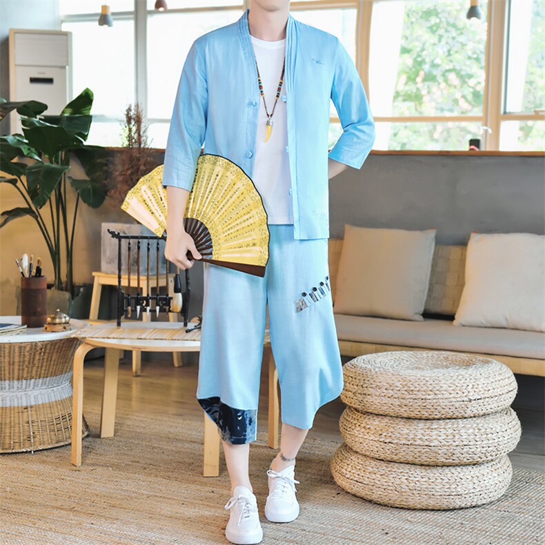 夏季亚麻男士七分裤风套装开衫休闲运动衫A266-1-TZ4058-P75,男装休闲套装,电商A266-1