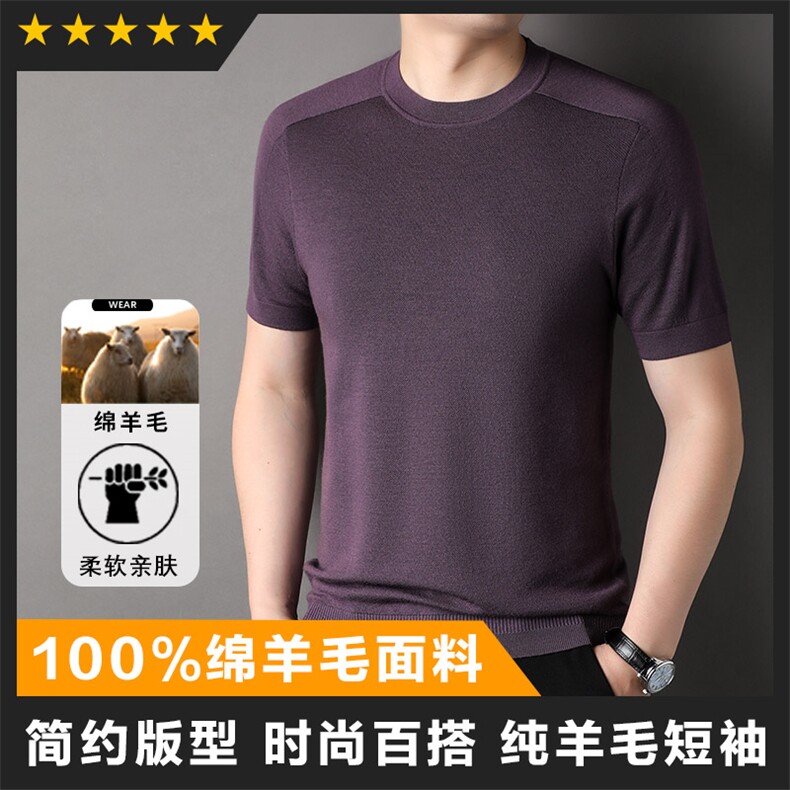 中高端男士羊毛衫针织短袖T恤打底衫贴身舒适圆领贴身舒适图片