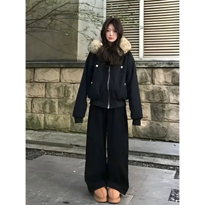 网图毛领可拆卸韩系座山雕外套加绒加厚短款连帽棉衣棉服N82-P98图片