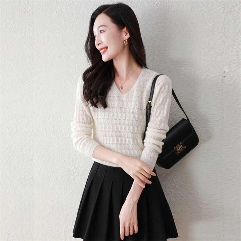 100%纯山羊绒秋冬新款气质v领羊绒衫百搭显瘦内搭通勤休闲上衣女，女装羊绒衫，阿舍尔精品