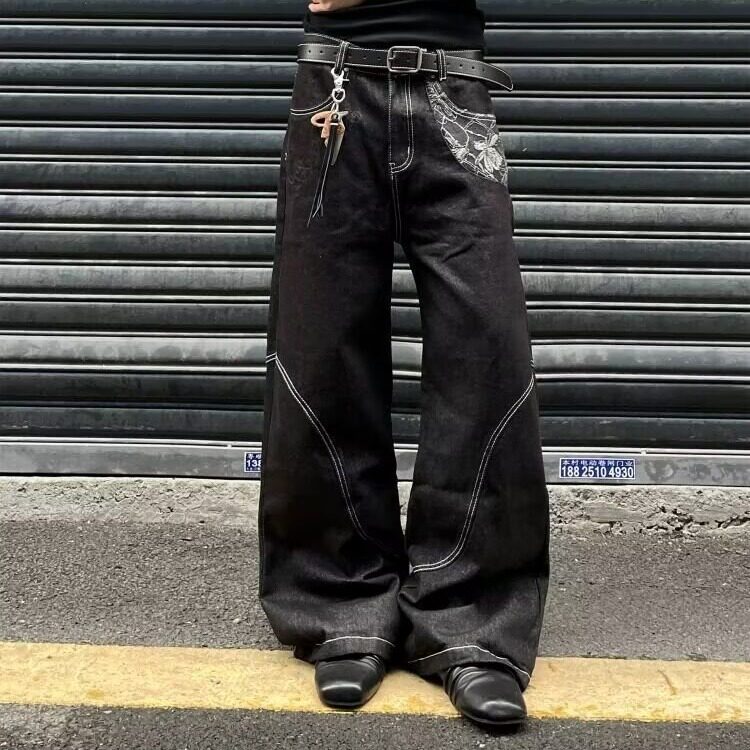 8588-P442025微喇分割牛仔裤男秋冬款水洗做旧美式高街黑色,男装牛仔裤,电商B323A
