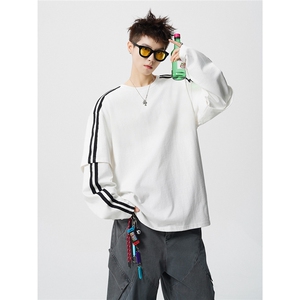 可二开假二件袖子织带M-5XL大码棉长袖T恤男CX78112P42控78图片