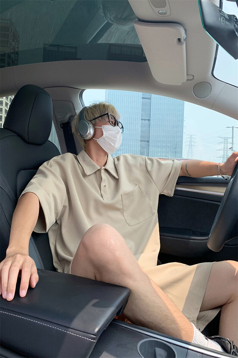 简约风套装男生夏季薄款翻领短袖休闲短裤运动潮牌宽松大码两件套,男装T恤,电商A007