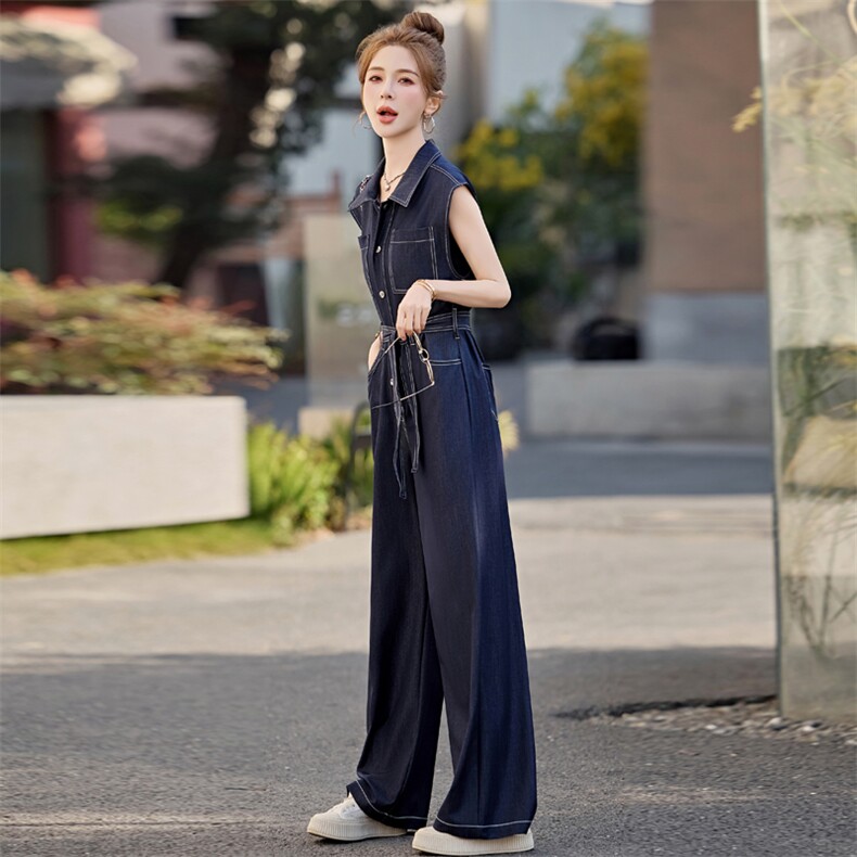 （新款现货）2026夏时尚洋气减龄天丝牛仔连体裤阔腿裤（配腰带）,女装连体裤,印象茜