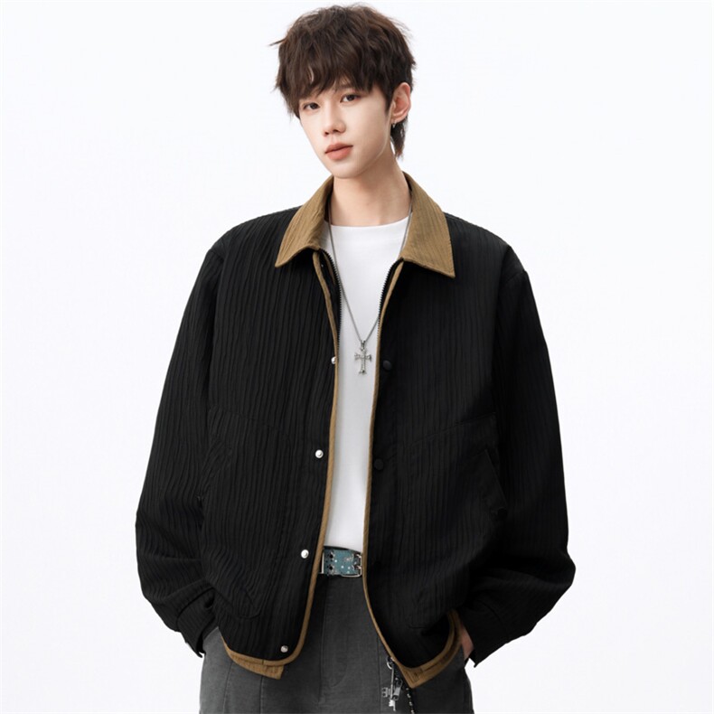 撞色假两件翻领夹克男2026春季宽松复古休闲外套潮J2606P85控118，男装夹克，电商A157