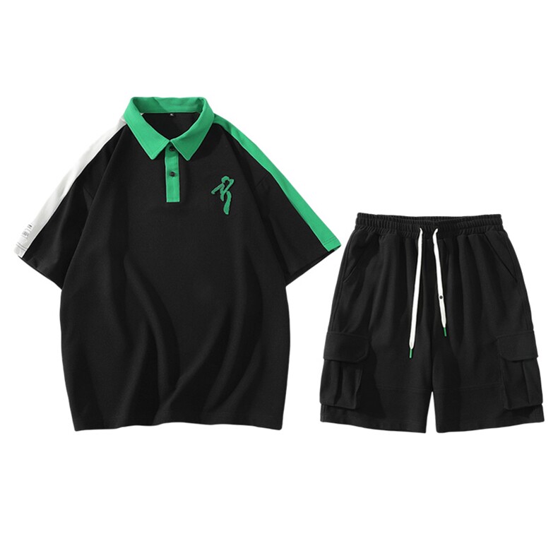 2023夏装潮简约纯色Polo衫拼接运动短袖套装男女6626-P65控价88,男装Polo衫,电商A441-1