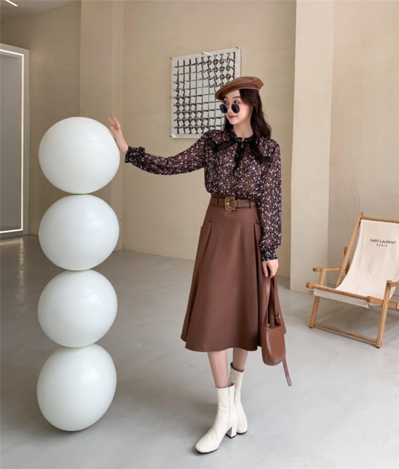 秋装羊毛半裙?精致碎花小衫，女装半身裙，蘑菇扣