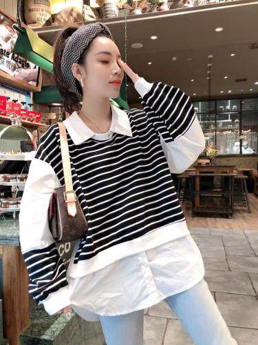 一杭翻领条纹假两件，女装，一杭