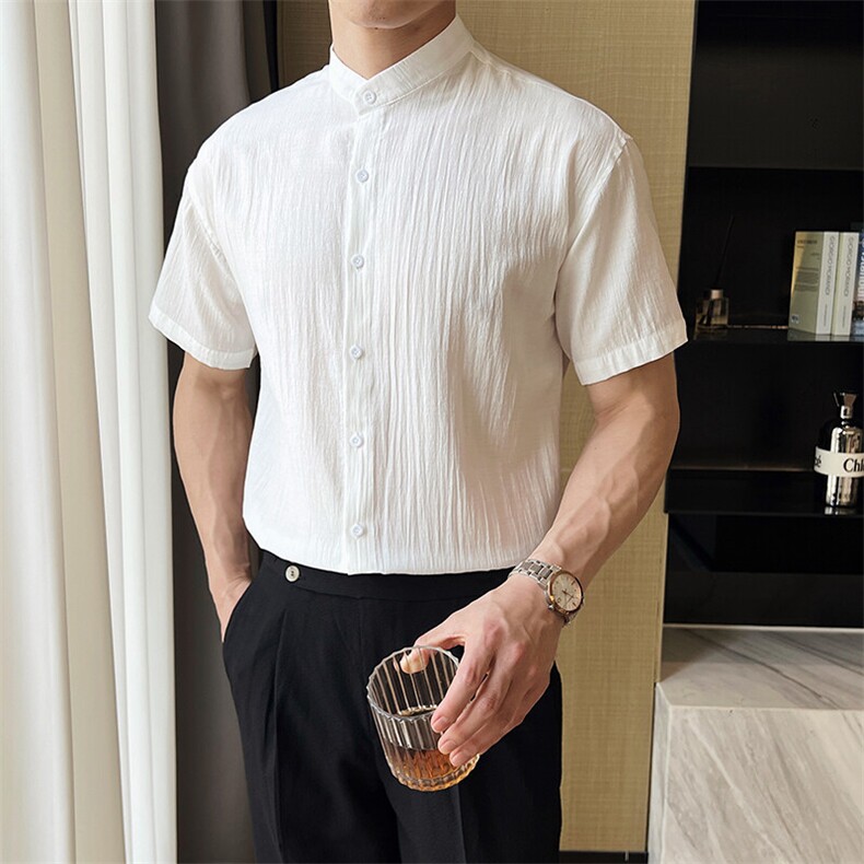 夏季男士七分袖条纹衬衫立领男休闲修身休闲衬衣A236-C663-P55,男装衬衫,电商A236