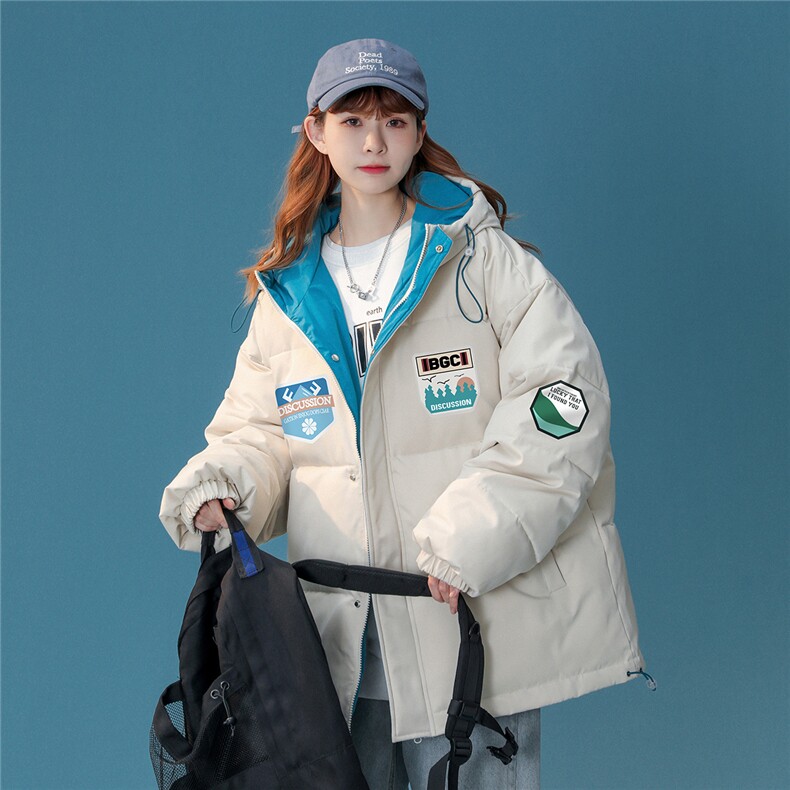 中性22冬季新款设计感潮牌印花加厚连帽面包服棉衣MY153P115控148图片