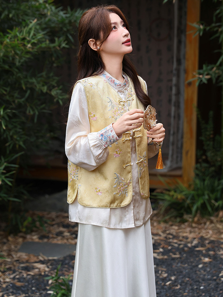 2026年春季新中式g风高级感提花马甲衬衫随意搭配套装,女装套装/套裙,超帛