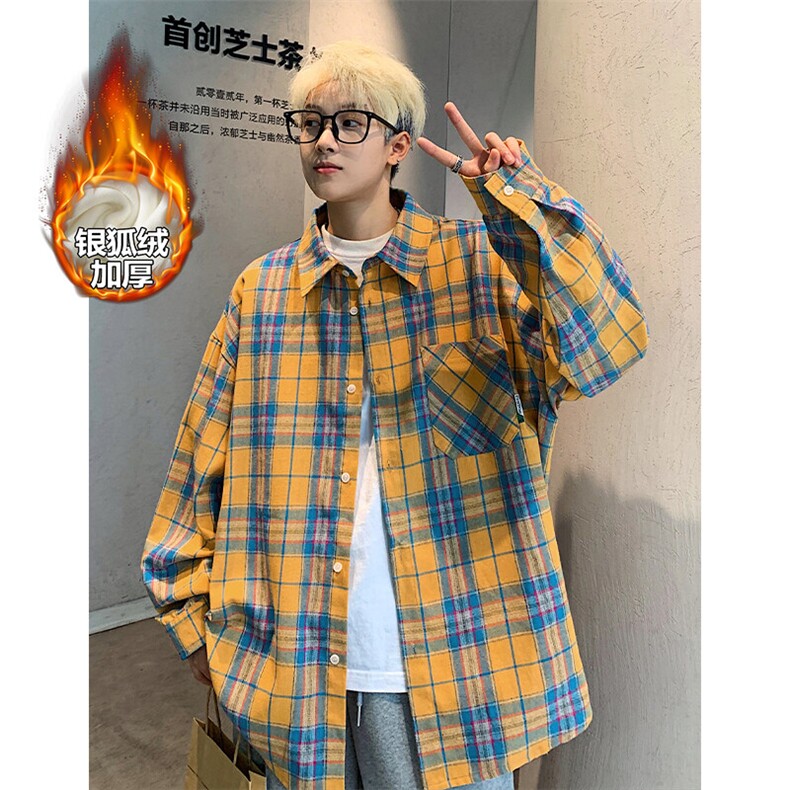 薄款改加绒特批P40无差价冬银狐绒加厚宽松格子衬衫男C2501J加绒图片
