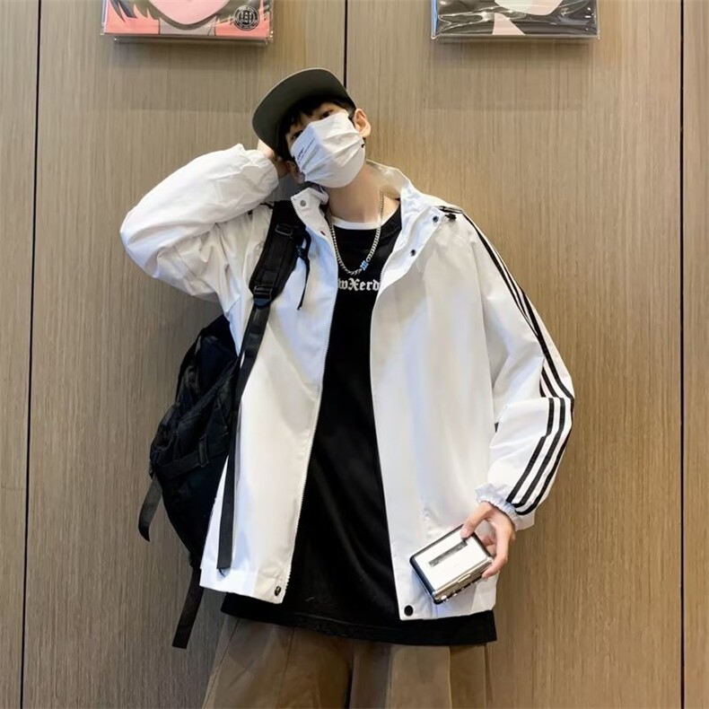 冲锋衣外套男连帽黑色潮牌宽松休闲百搭春秋新款三杠运动夹克J256,男装夹克,星座506
