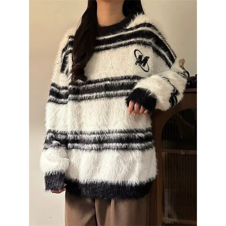 【有货】DM121-特P58美式仿水貂绒毛衣男秋冬季条纹圆领针织衫,男装针织衫/毛衣,星座603-2