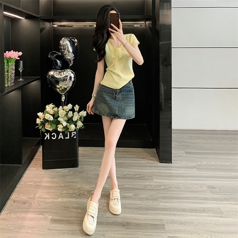 慵懒风时尚套装裙女夏季新款蕾丝拼接蝴蝶结针织衫牛仔短裙两件套,女装套装/套裙,江南